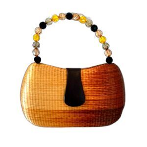 Le SAC Woven Palm Straw Handbag Ombre Beaded Handle Hardshell Vintage Style